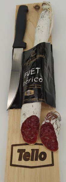 Iberico Fuet-Salami,  mit Schneidebock und Messer, 150g